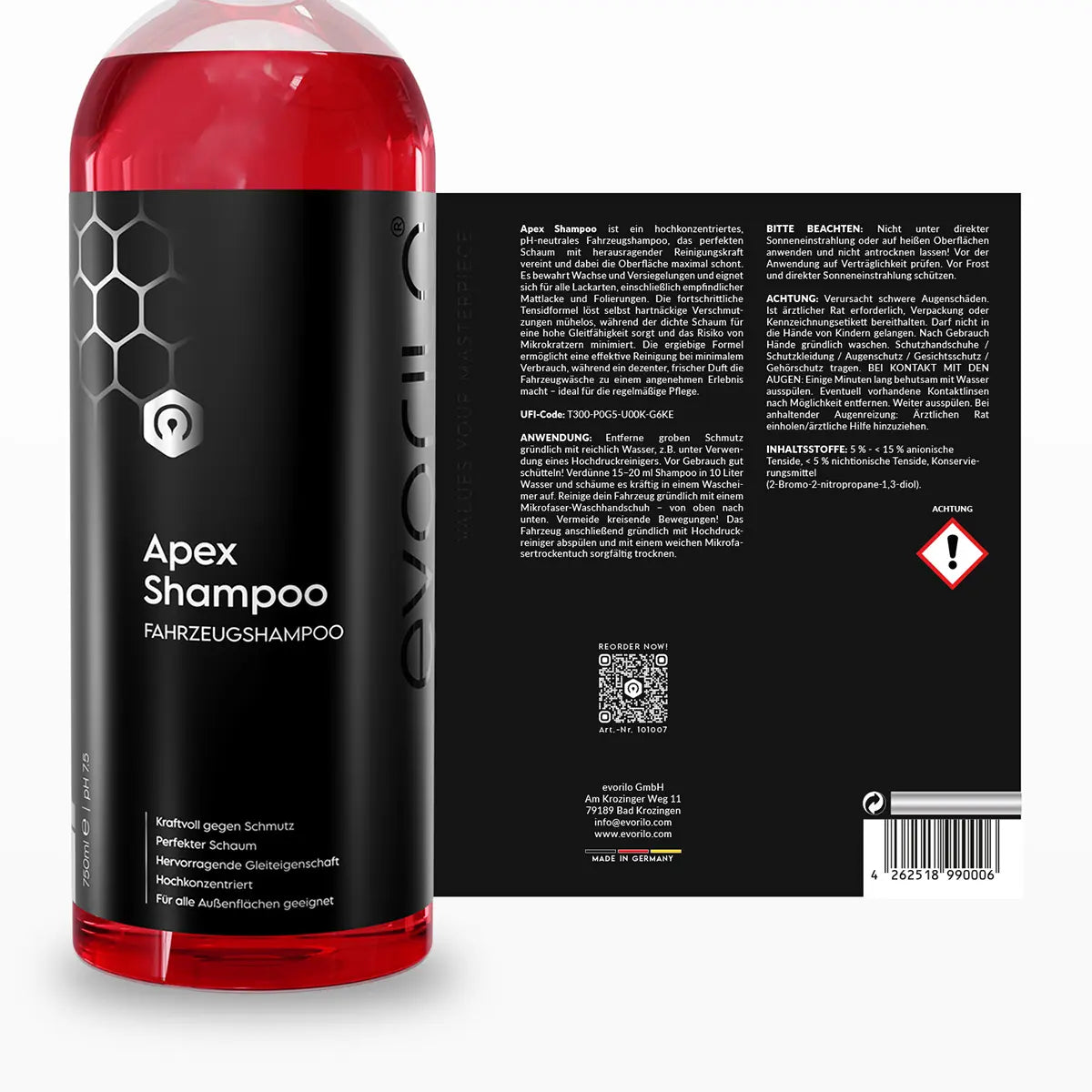 evorilo Apex Shampoo Fahrzeugshampoo Flasche mit rotem Inhalt und Produktinformationen für Autopflege und Reinigung.