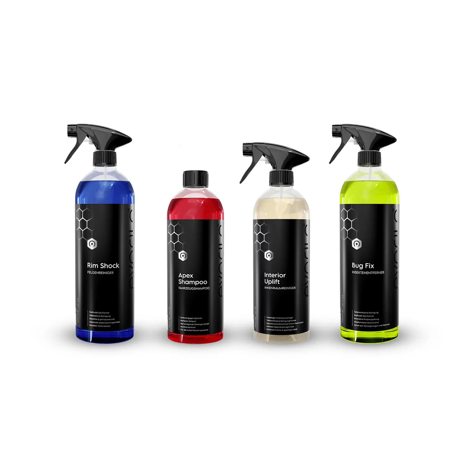 vierteiliges evorilo autopflege set mit felgenreiniger shampoos und innenreiniger für umfassende autopflege
