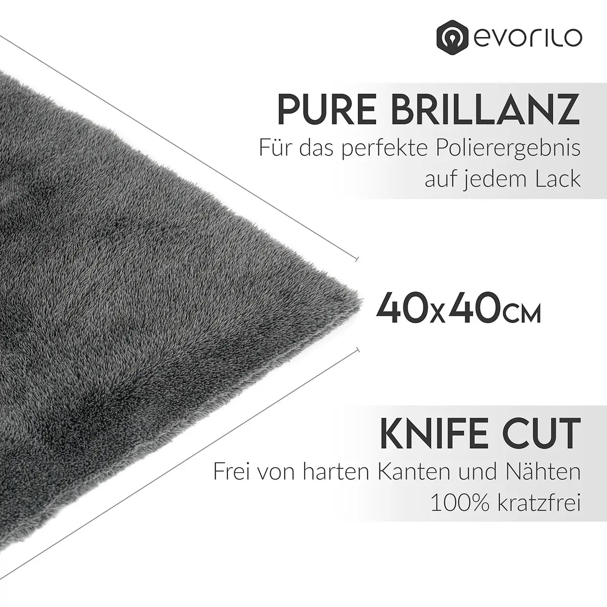 graues evorilo Poliertuch Brilliance Wipe 600 GSM für lackschonendes Polieren 40x40 cm mit randlosem Schnitt