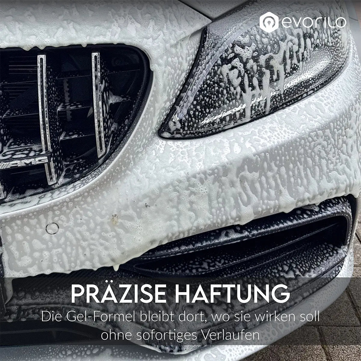 evorilo Bug Fix Insektenentferner in Aktion auf Auto mit schäumender Gel-Formel für präzise Haftung und effiziente Reinigung