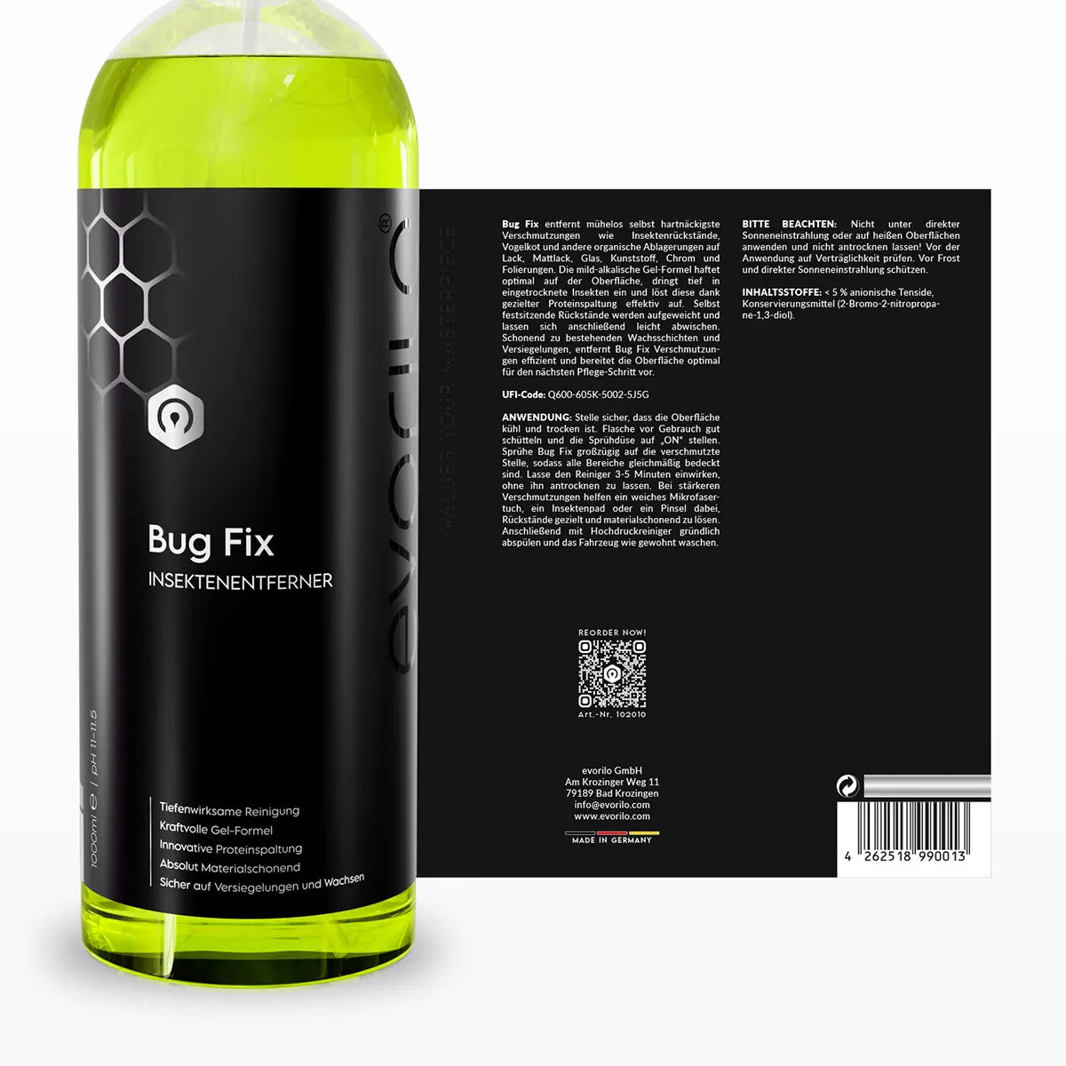 Insektenentferner Bug Fix von evorilo in grüner Flasche mit schwarzem Etikett zur kraftvollen Reinigung von Autolack.