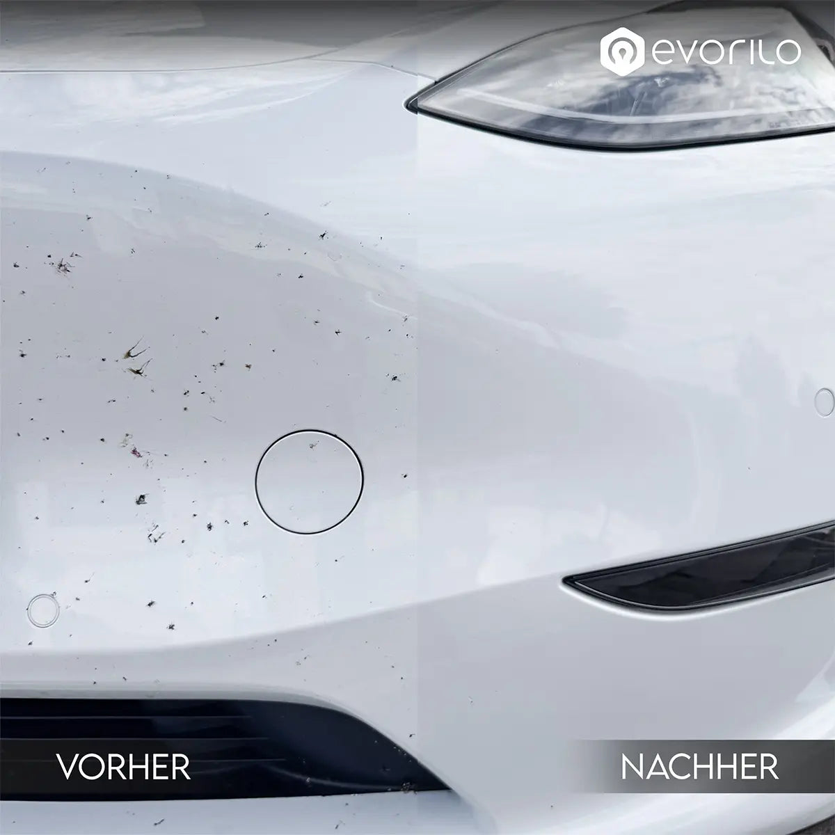 evorilo Bug Fix Insektenentferner auf einer Autostoßstange, vorher mit Insekten, nachher sauber, Frontansicht.