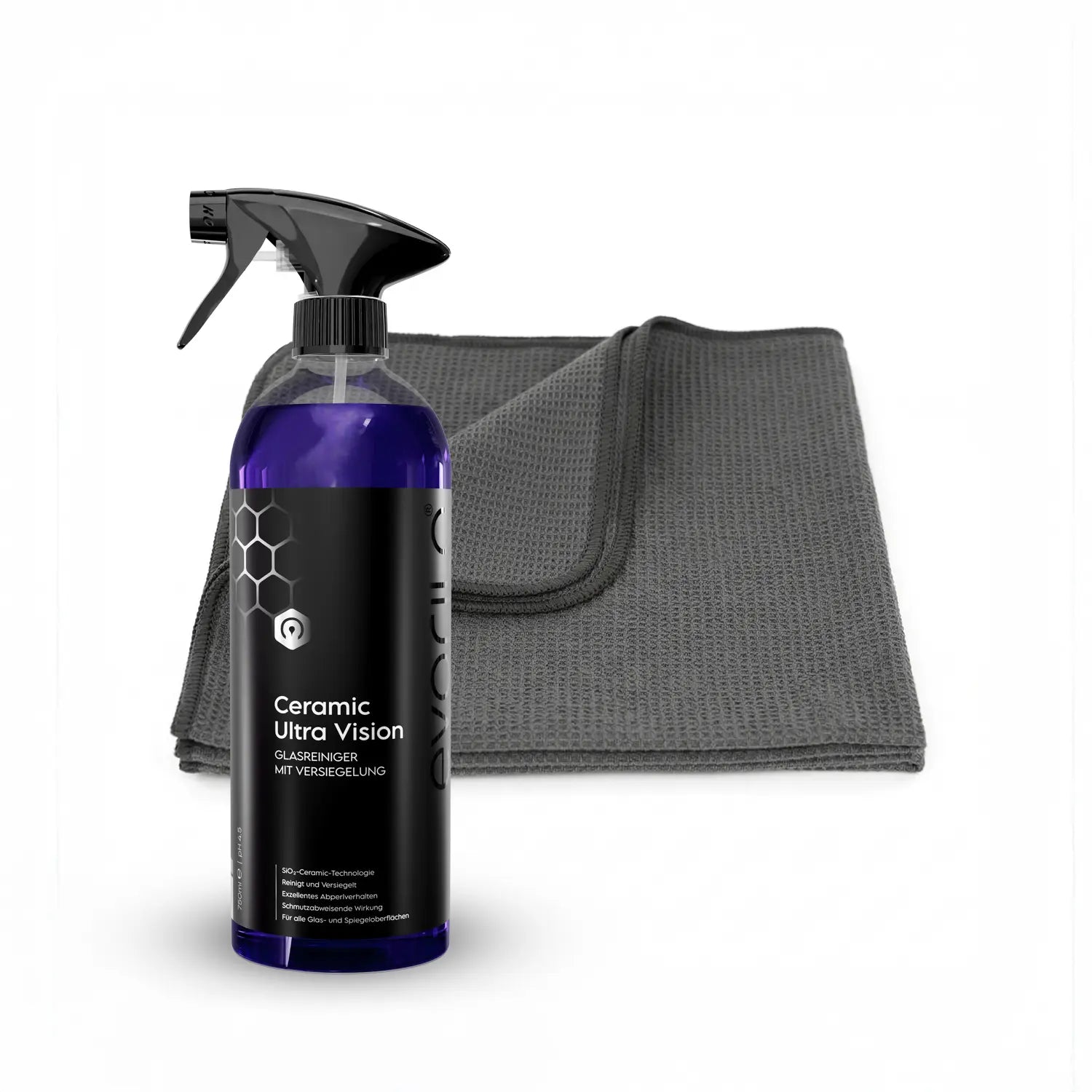 evorilo ceramic glasreinigungsset mit Sprühflasche und grauem Mikrofasertuch für effiziente Glasreinigung.