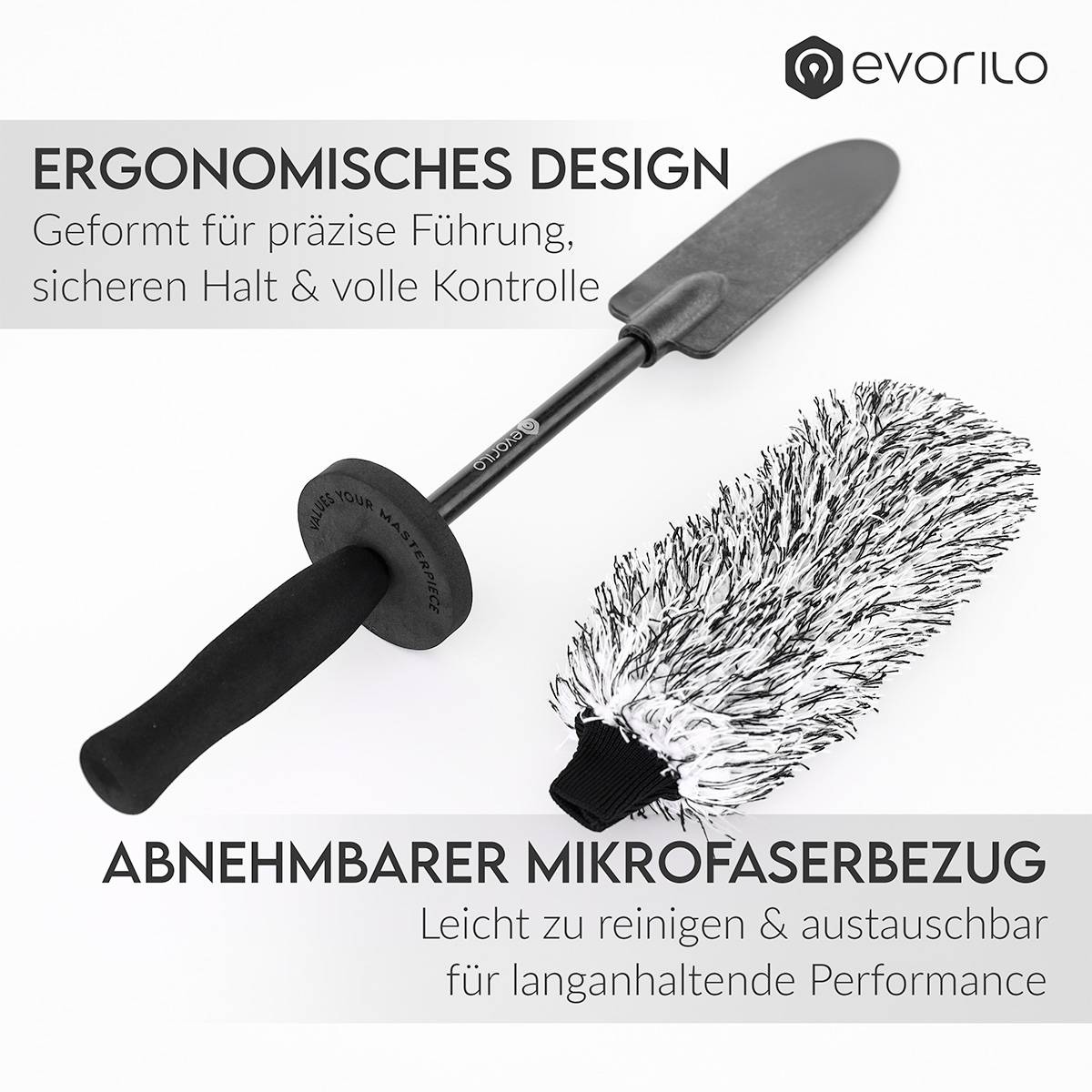 evorilo Deep Grip Felgenbürste mit ergonomischem Griff und abnehmbarem Mikrofaserbezug für effektive Autopflege.