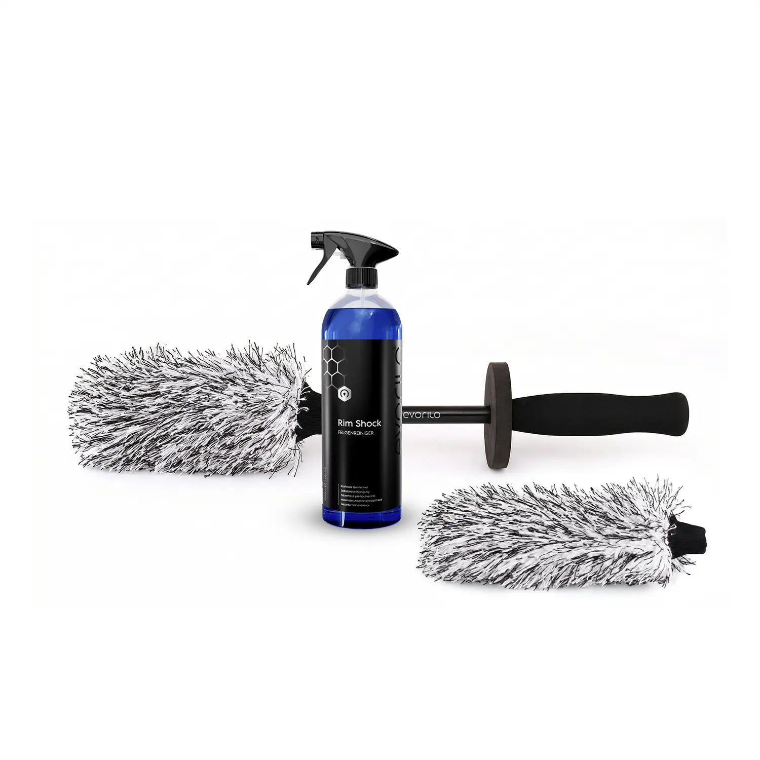 evorilo Felgenpflege Set Grip Pro mit blauer Reinigungsflasche, zwei Bürsten für Autopflege und effiziente Felgenreinigung