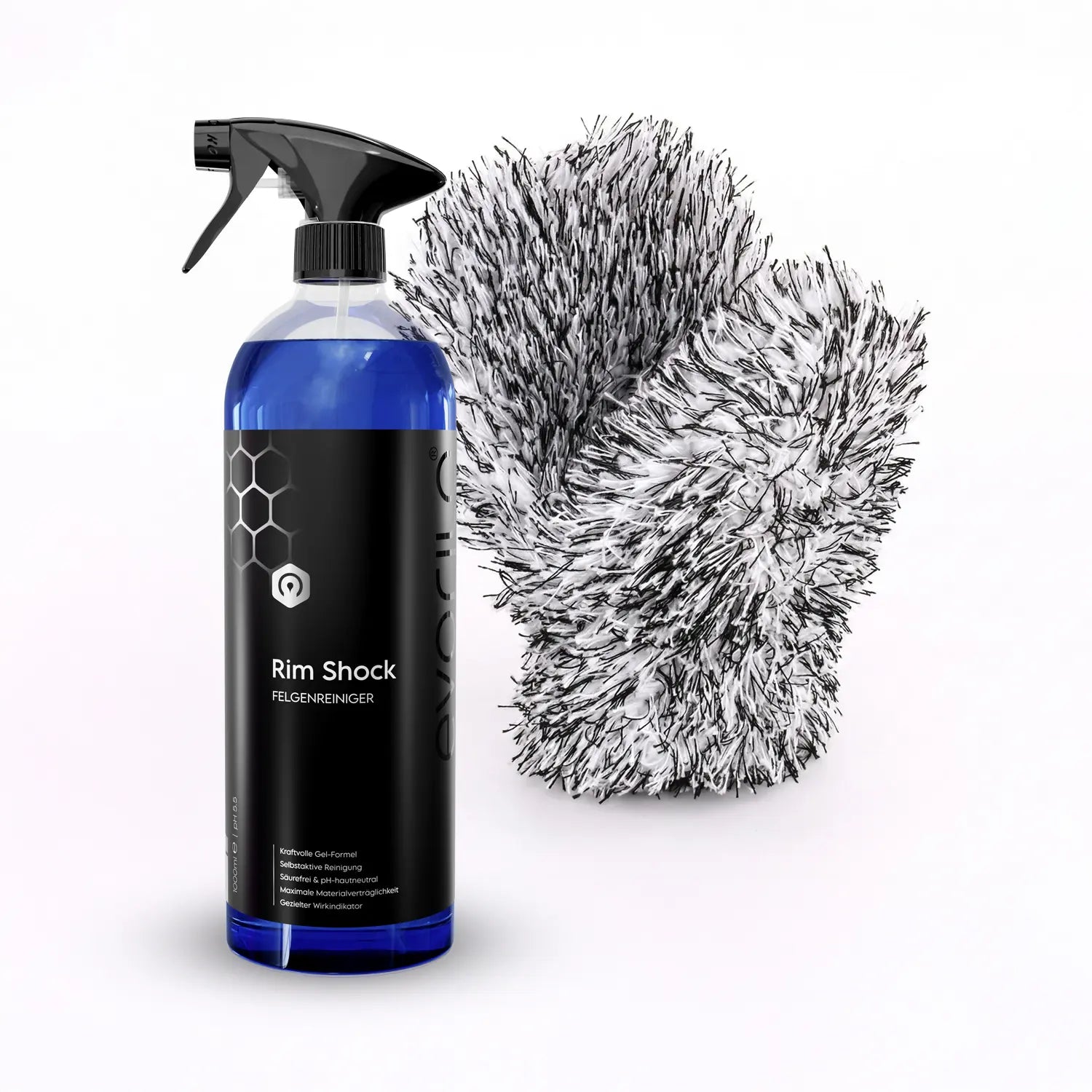 evorilo Felgenpflege Set Touch mit blauer Sprühflasche und schwarzem Reinigungshandschuh für die Felgenpflege
