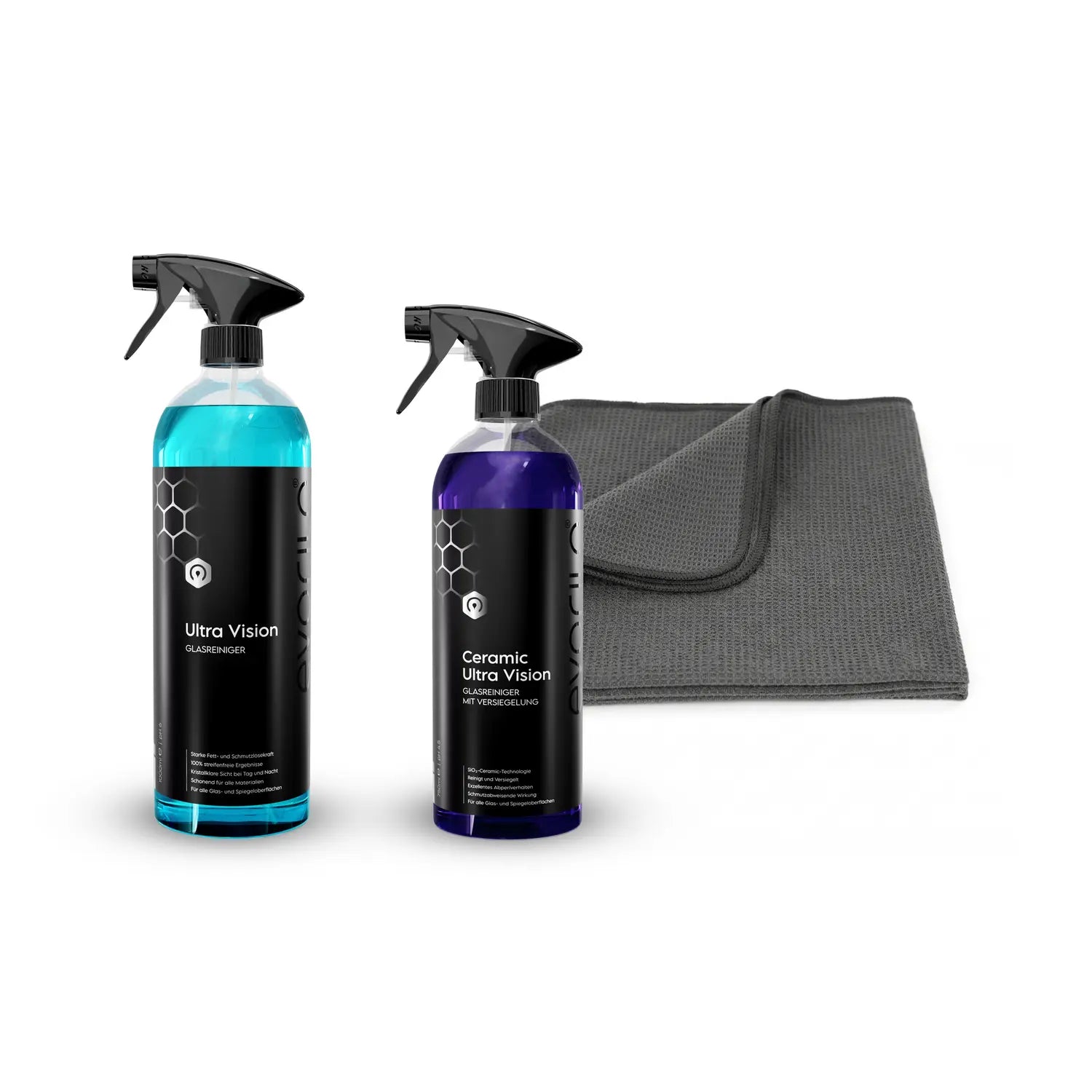 evorilo Glasreinigungsset Pro bestehend aus zwei Sprühflaschen und Mikrofasertuch für effektive Glasreinigung