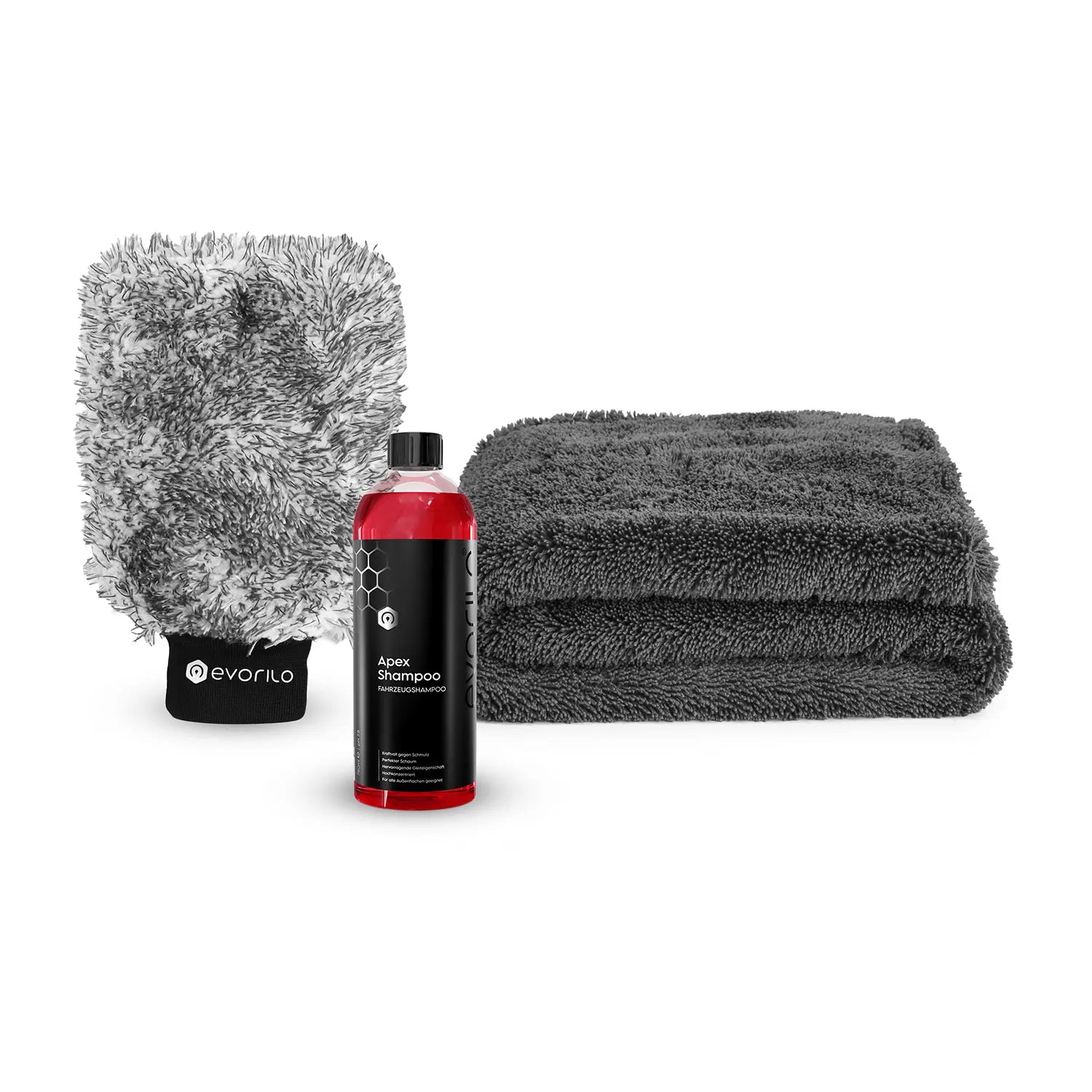 evorilo Hauptwäscheset mit grauem Waschhandschuh, Handtuch und Shampoo, ideal zur Autopflege und Reinigung.