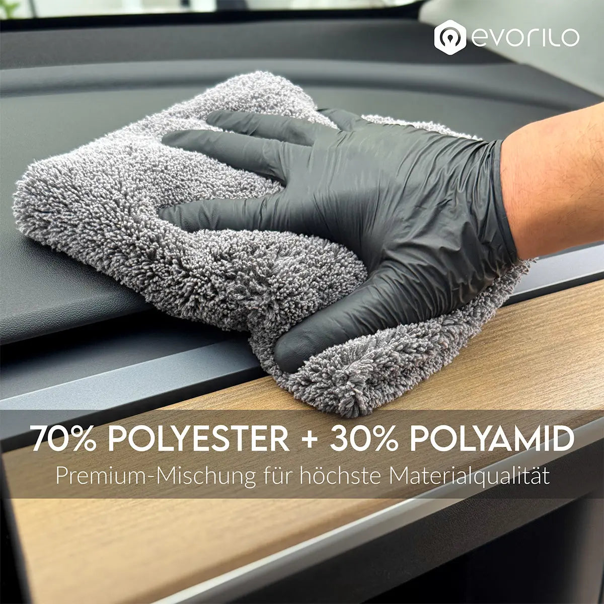 evorilo Hybrid Wipe Innenraumtuch 450 GSM reinigt Armaturenbrett mit grauer Premium-Mischung aus Polyester und Polyamid.