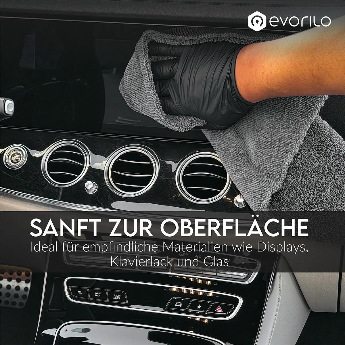 graues evorilo Hybrid Wipe Innenraumtuch reinigt mühelos Autoinnenraum aus Klavierlack und Displays mit schwarzem Handschuh