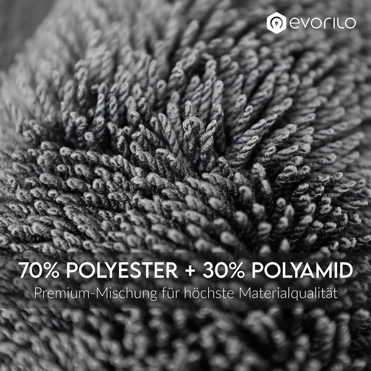 evorilo Hydro Magnet Trockentuch 1600 GSM in Nahaufnahme zeigt feine Fasern aus 70 Prozent Polyester und 30 Prozent Polyamid