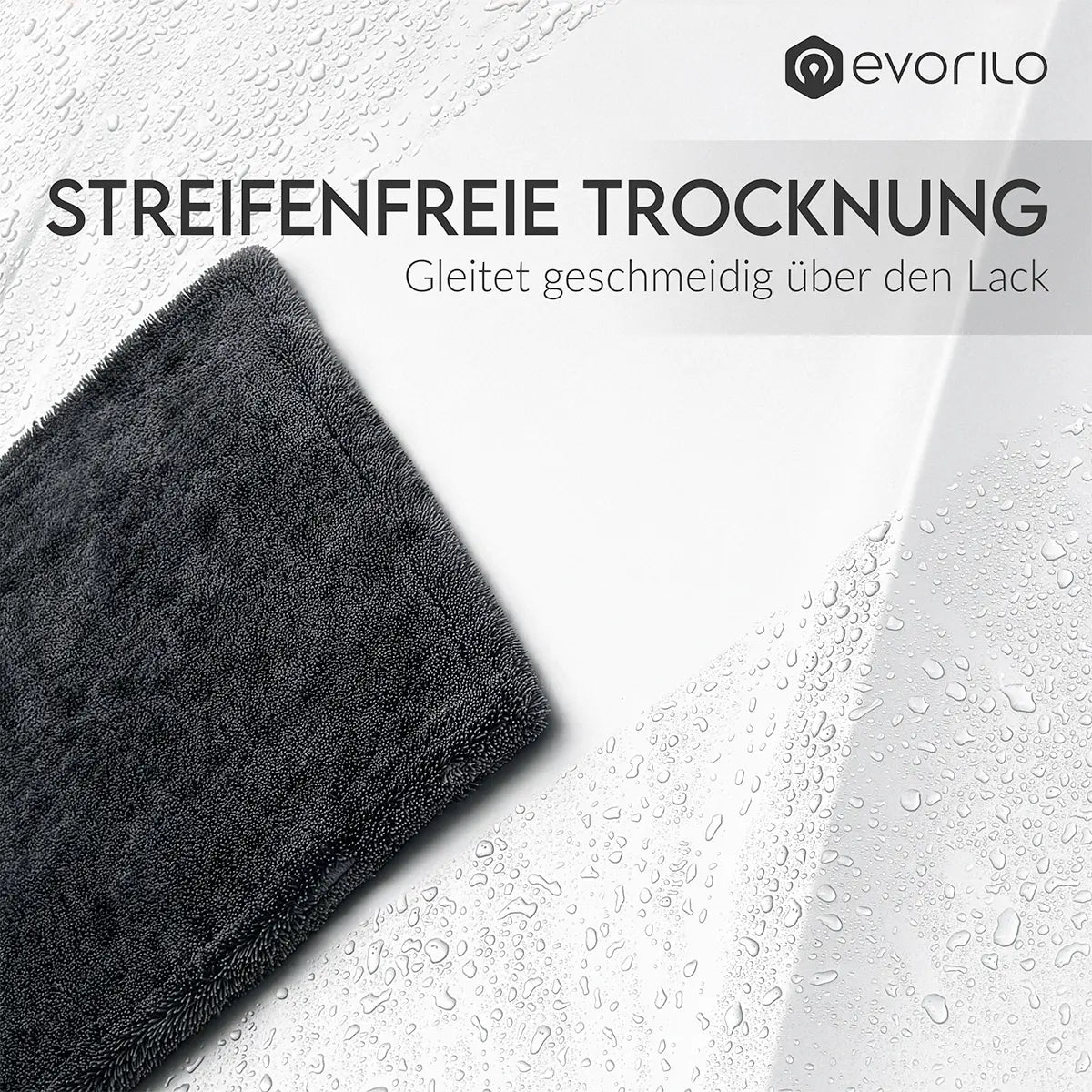 evorilo Hydro Magnet Trockentuch 1600 GSM für streifenfreie Autolack-Trocknung, schwarzes Microfasertuch auf weißem Hintergrund.
