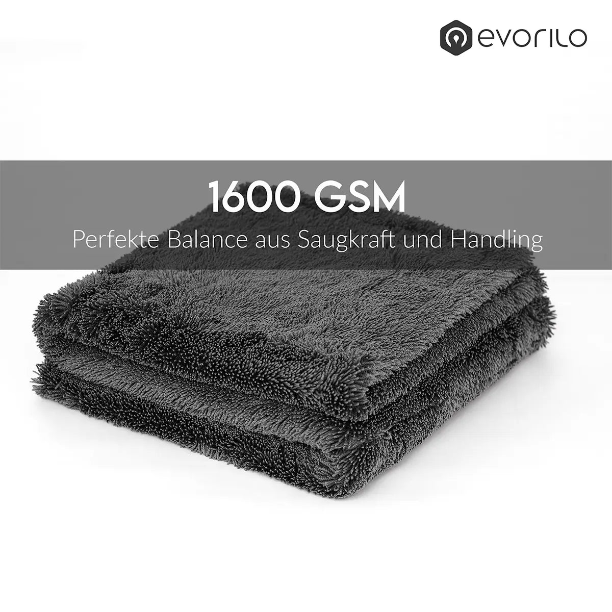 graues evorilo Hydro Magnet Trockentuch 1600 GSM gefaltet auf weißem Hintergrund, ideal für hohe Saugkraft und einfaches Handling