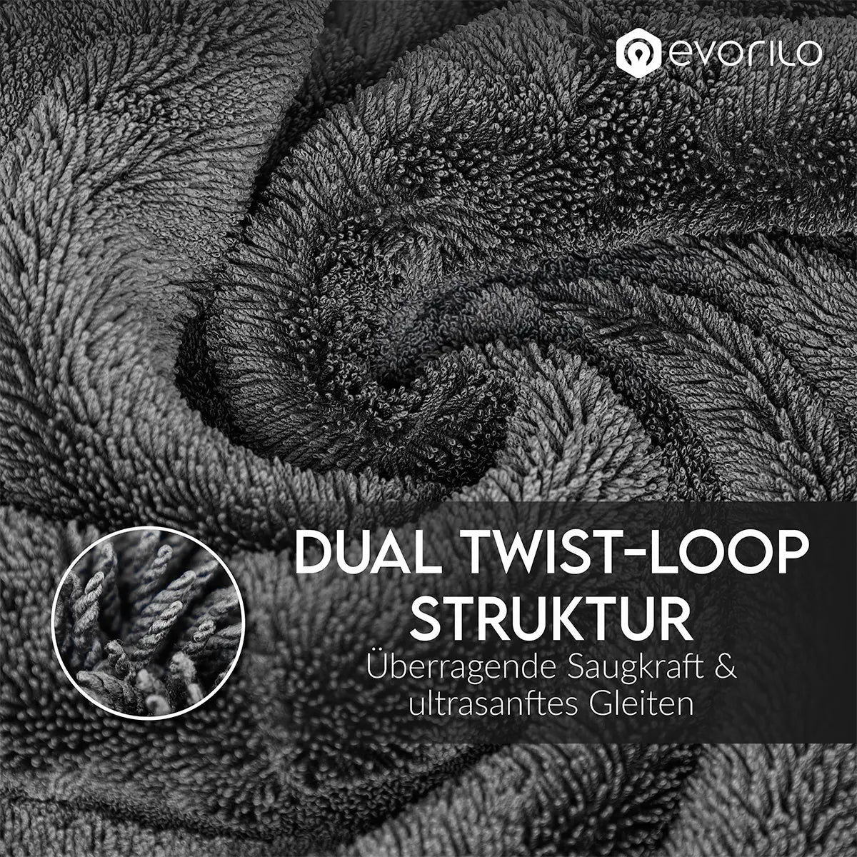 evorilo Hydro Magnet Trockentuch 1600 GSM mit dualer Twist-Loop-Struktur für hervorragende Saugkraft und sanftes Gleiten