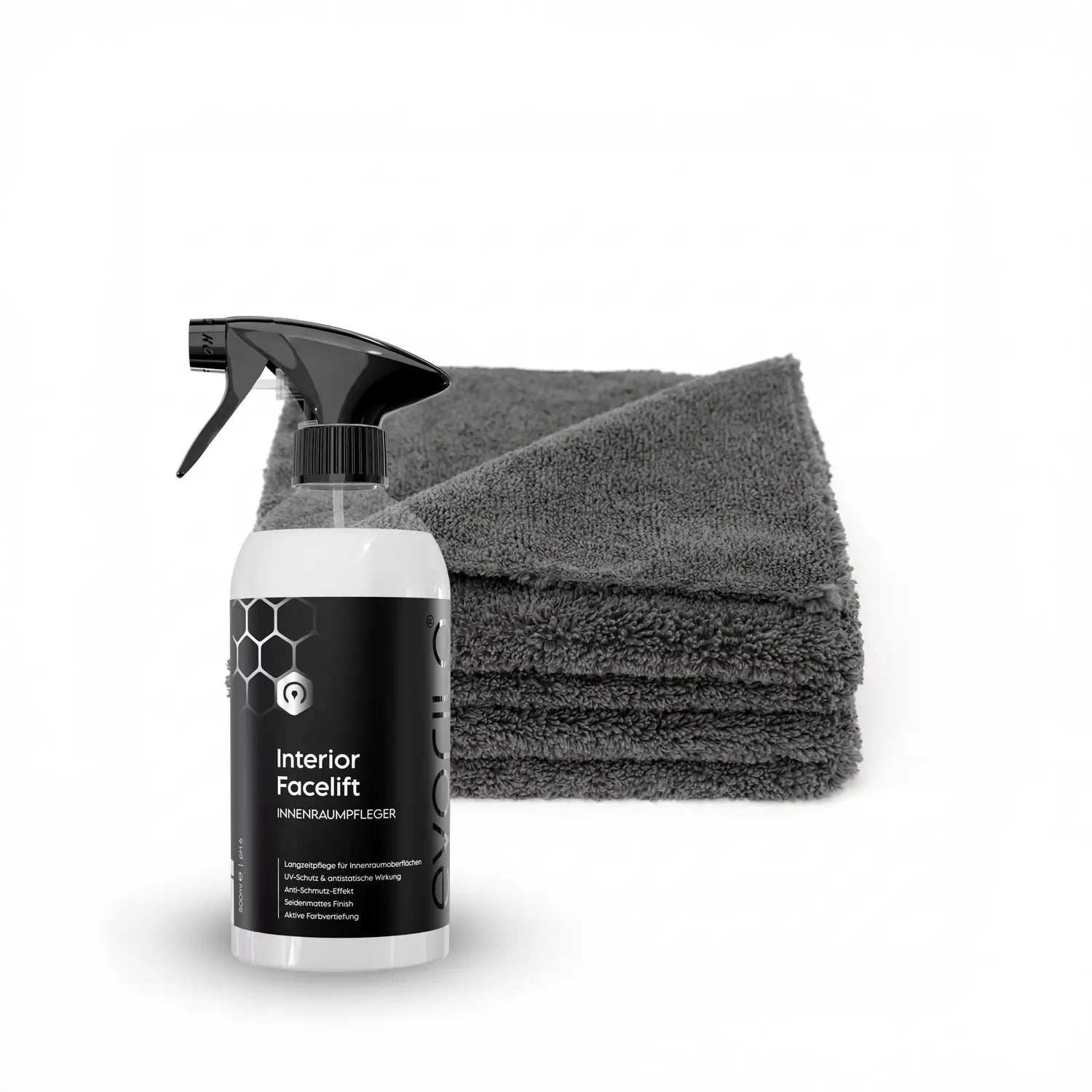 evorilo innenraumpflege set mit Sprayflasche und grauen Mikrofasertüchern für Autoreinigung und Pflege