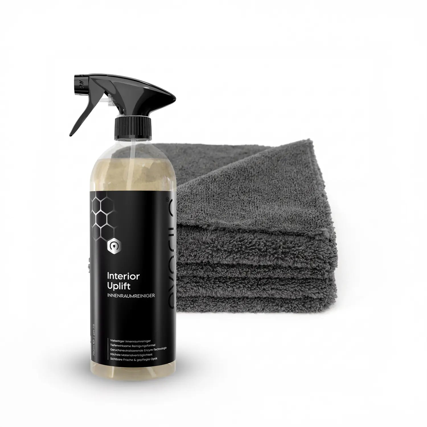 evorilo innenraumreinigungsset mit Reinigungsspray und drei grauen Mikrofasertüchern für effektive Innenreinigung