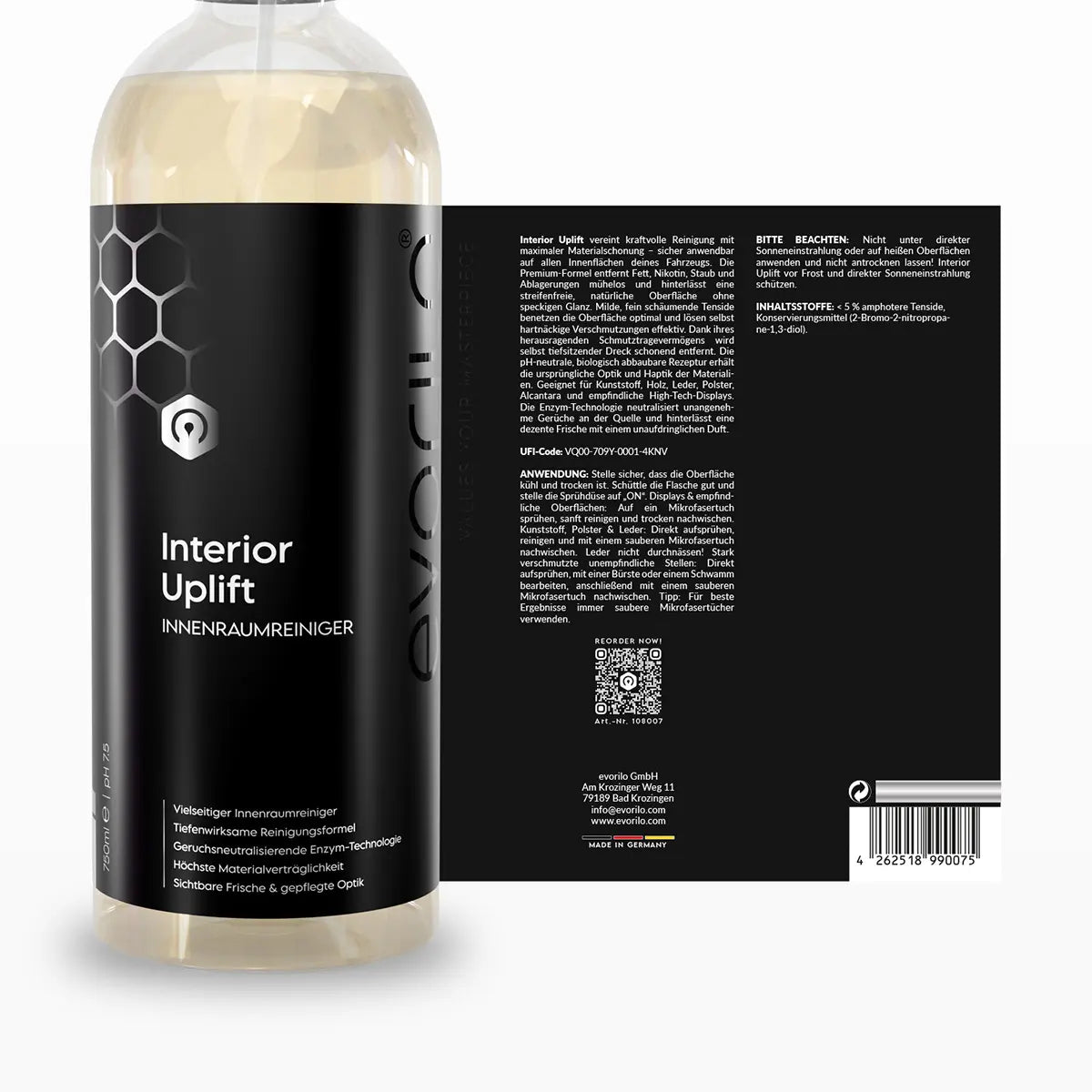 evorilo Interior Uplift Innenraumreiniger schwarze Flasche mit Etikett und Details zur Innenreinigung und Materialschutz