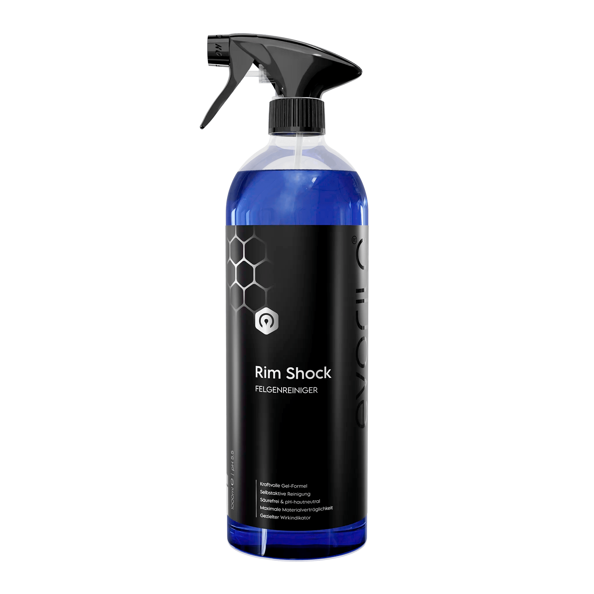 evorilo Rim Shock Felgenreiniger in blauer Sprühflasche für effektive Autopflege.