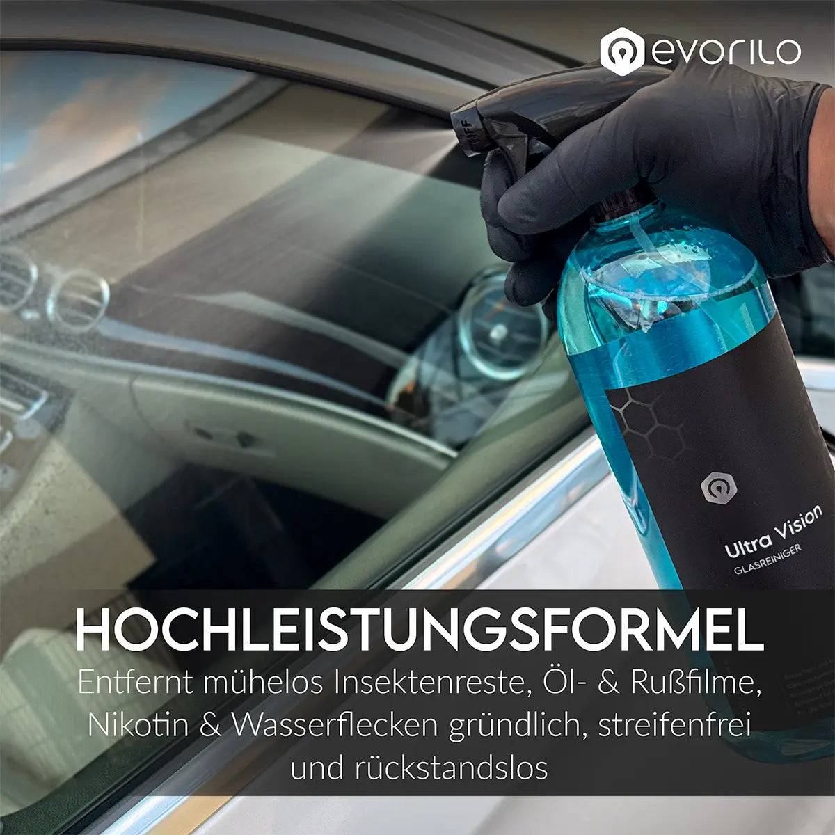 evorilo Ultra Vision Glasreiniger Anwendung an Autofenster für gründliche, streifenfreie Reinigung von Insektenresten und Schmutz