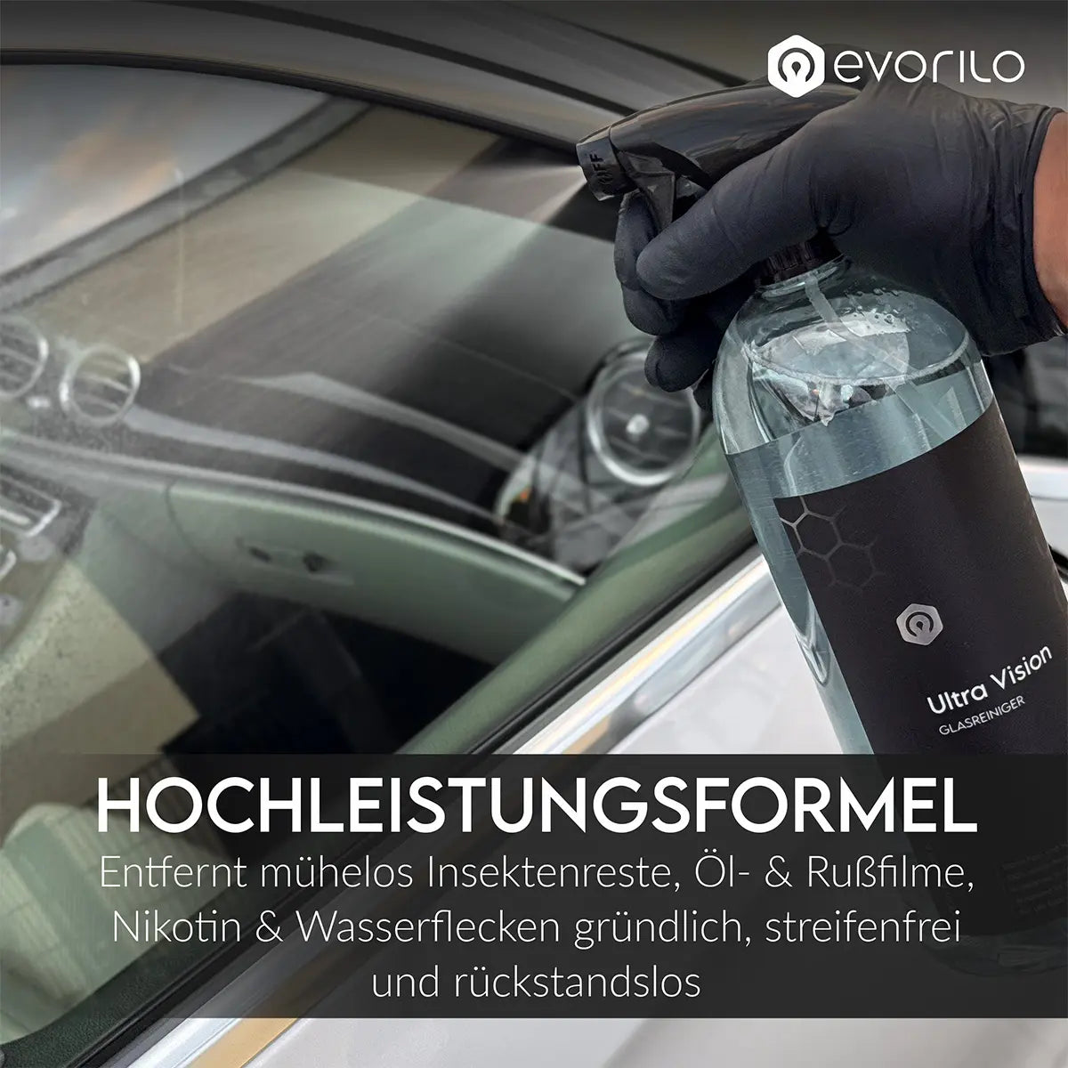 evorilo Ultra Vision Glasreiniger Anwendung an Autofenster für gründliche, streifenfreie Reinigung von Insektenresten und Schmutz
