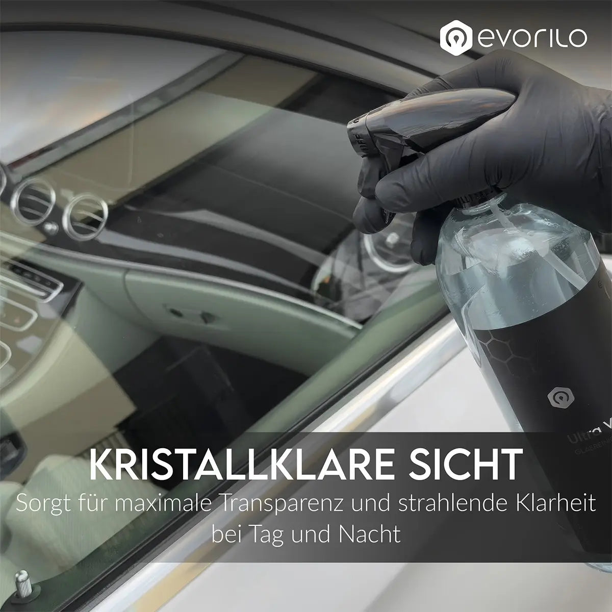 evorilo Ultra Vision Glasreiniger wird auf Fahrzeugscheibe gesprüht, sorgt für klare Sicht und saubere Fenster.