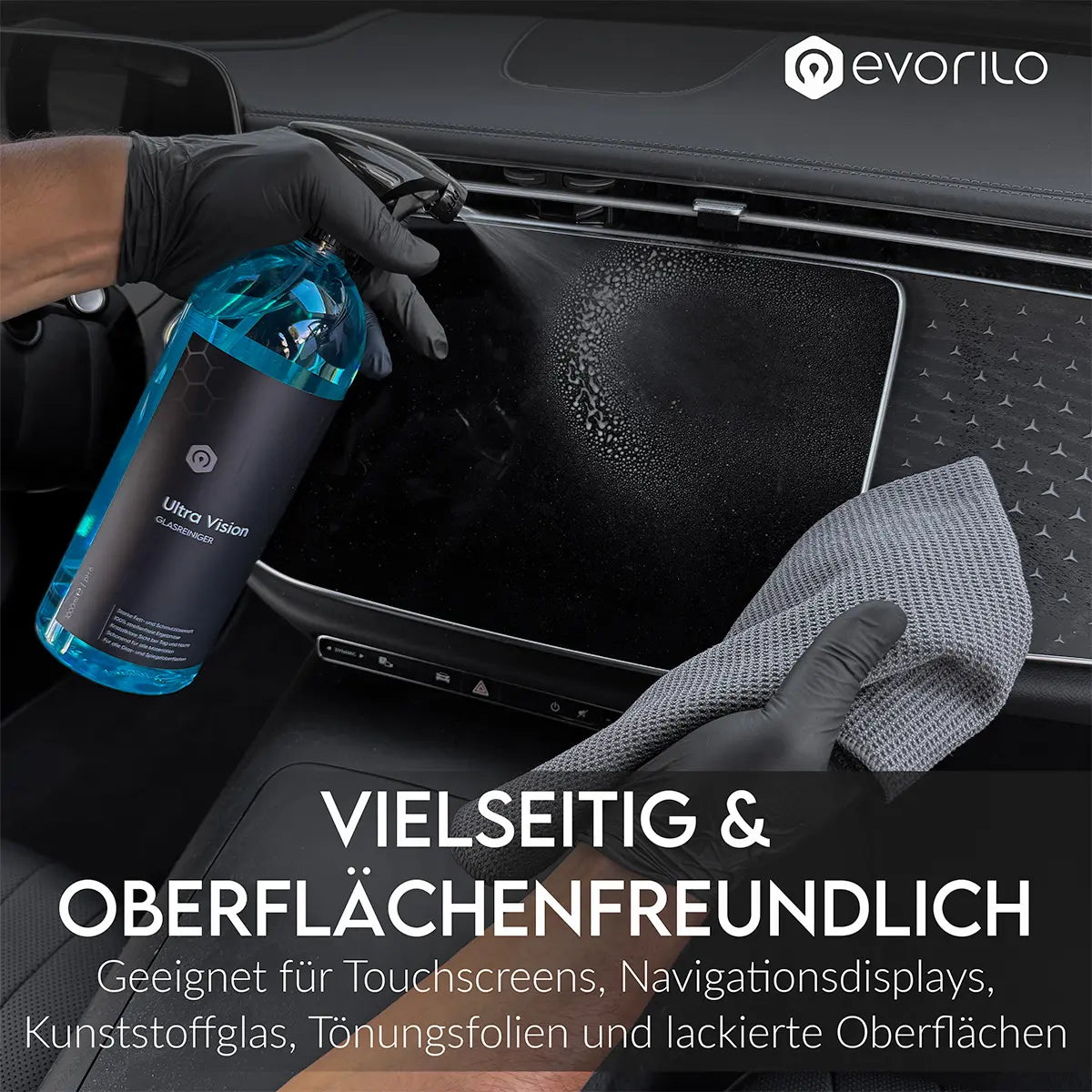 evorilo Ultra Vision Glasreiniger reinigt Touchscreen im Auto mit Tuch, geeignet für empfindliche Oberflächen.