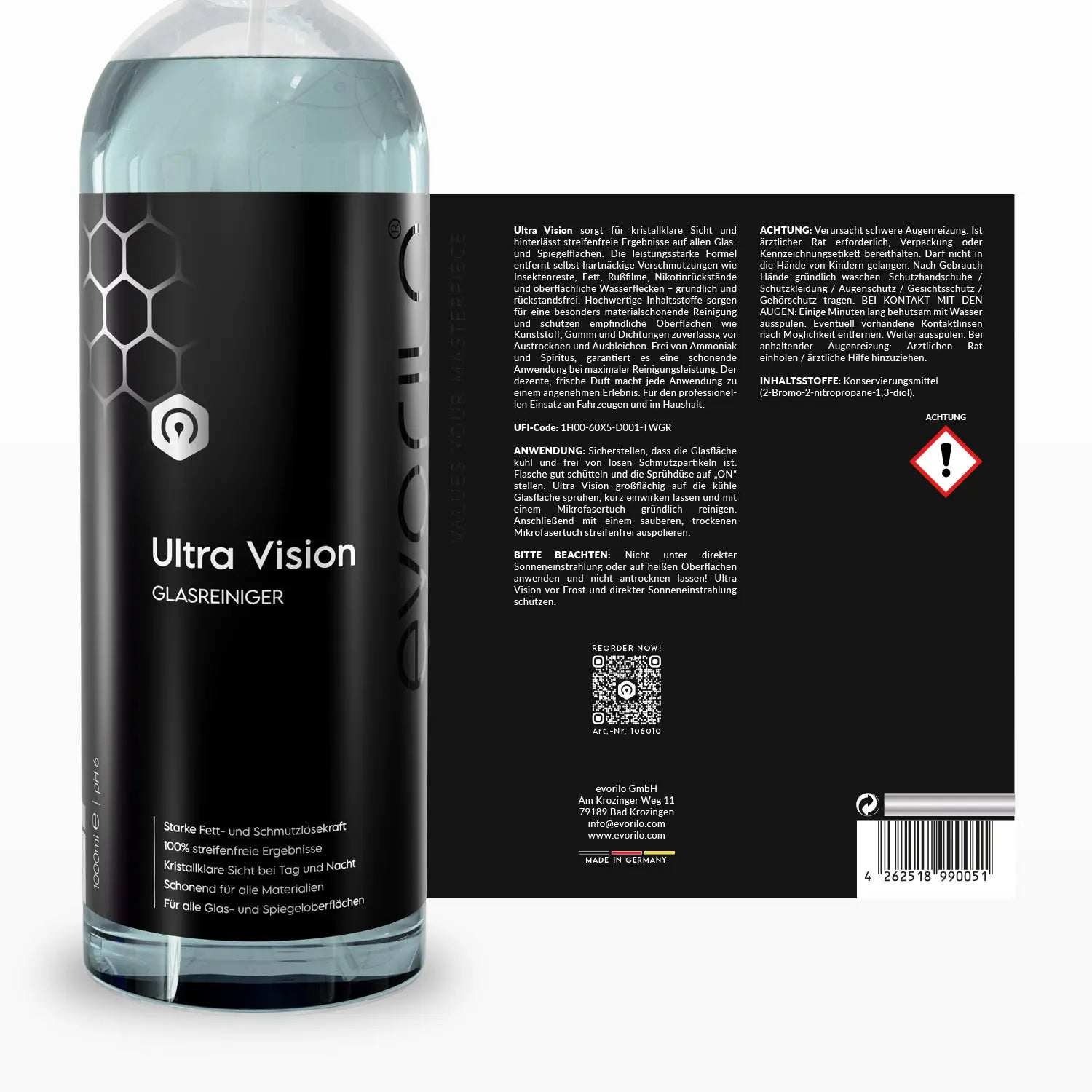 evorilo Ultra Vision Glasreiniger Flasche mit blauem Reiniger für streifenfreie Glas- und Spiegelreinigung im Haushalt und Auto.