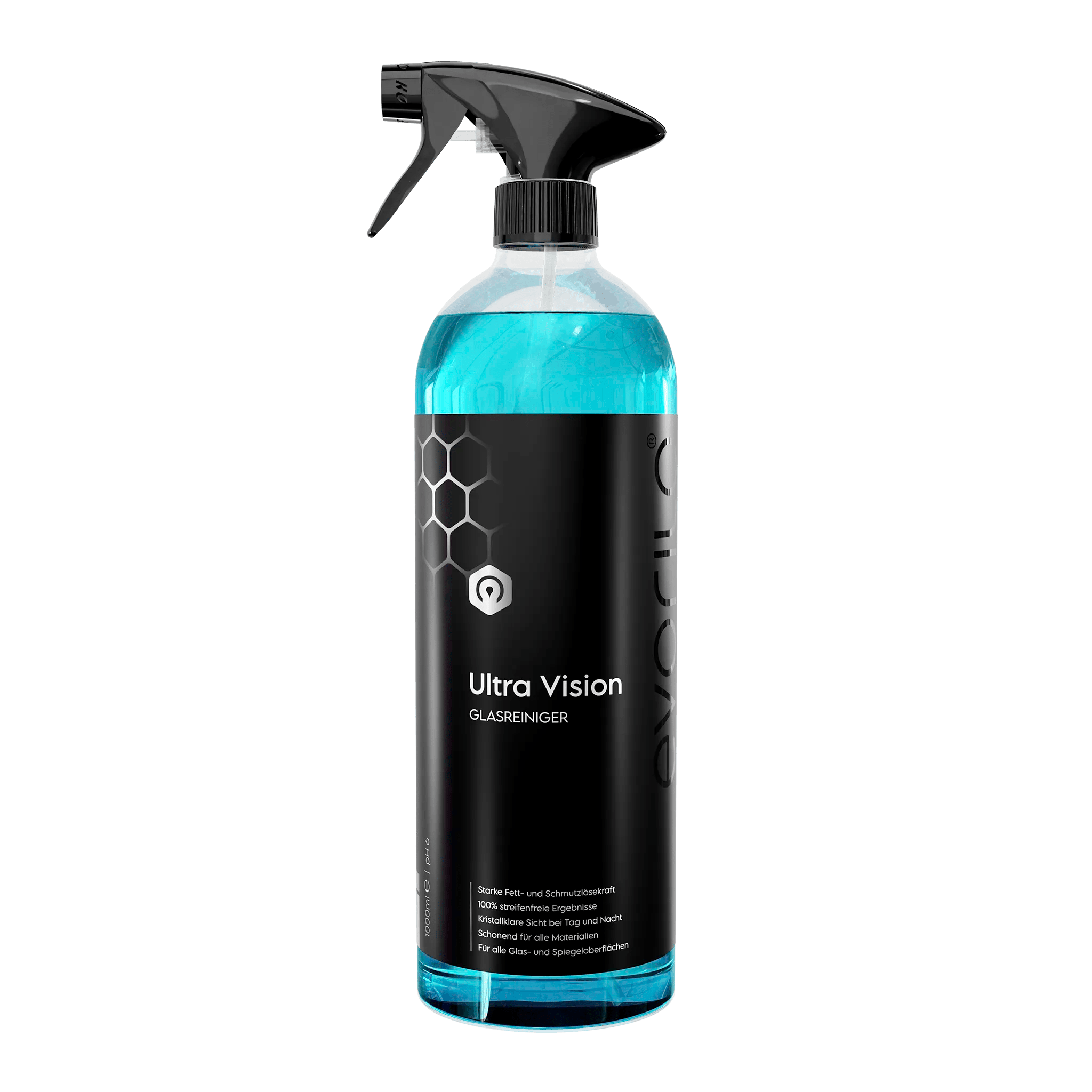 evorilo Ultra Vision Glasreiniger Flasche mit schwarzem Sprühkopf und blauem Reinigungsmittel für saubere Glasflächen