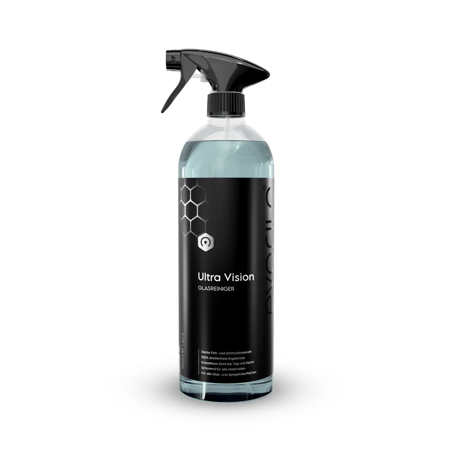 evorilo Ultra Vision Glasreiniger in schwarzer Sprühflasche mit blauem Reiniger zur Reinigung von Glasoberflächen