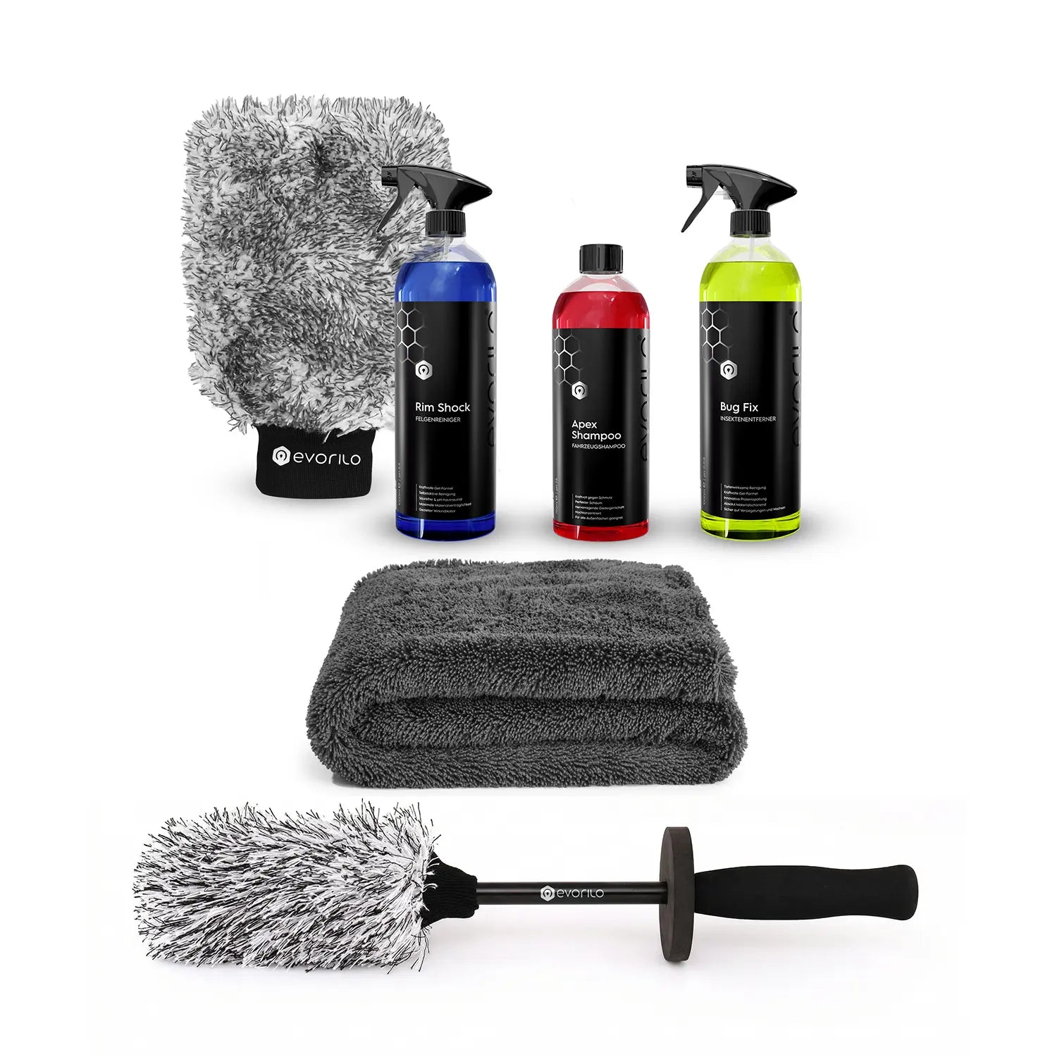 evorilo Vor und Hauptwäsche Set mit Reinigungsflaschen, Waschhandschuh, Trockentuch und Bürste für Autopflege.