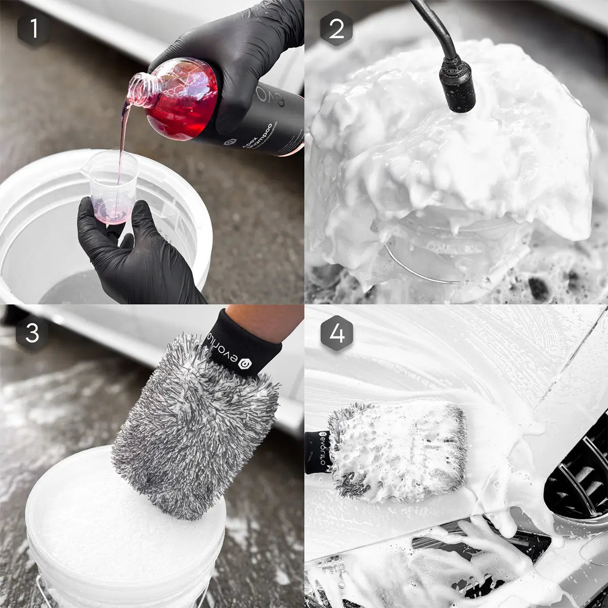 evorilo Apex Shampoo Fahrzeugshampoo Anwendung für Autowäsche: Dosieren, Aufschäumen, Waschen mit Waschhandschuh auf Autolack.