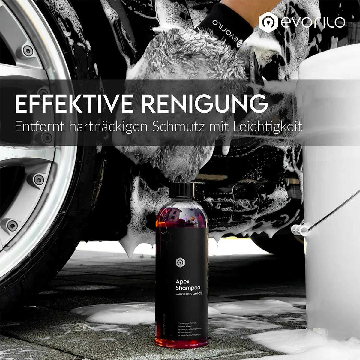 evorilo Apex Shampoo Fahrzeugshampoo für effektive Autowäsche, entfernt Schmutz mühelos, Flasche neben Autoreifen und Waschlappen