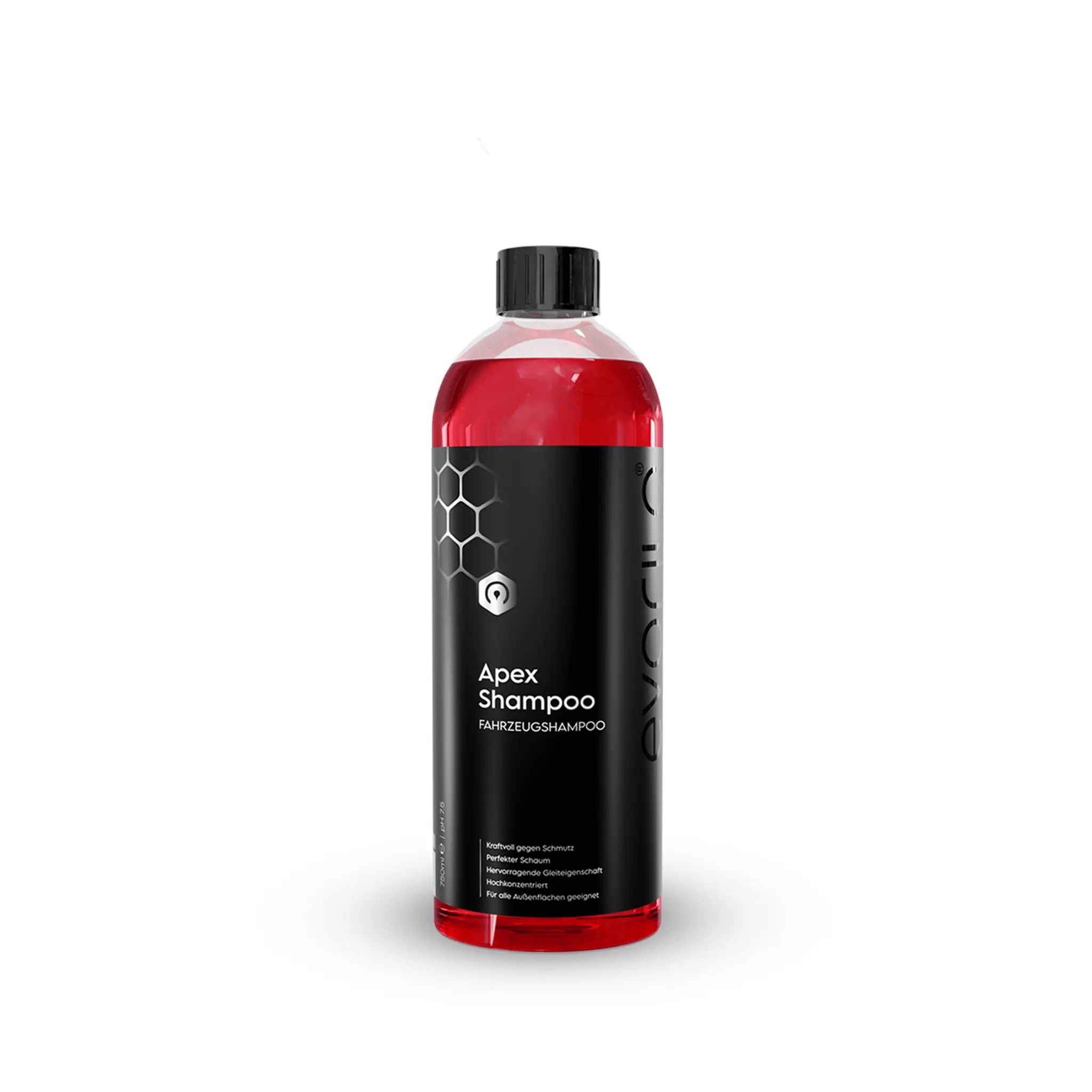 evorilo Apex Shampoo Fahrzeugschampoo in roter Flasche zur Autopflege auf weißem Hintergrund