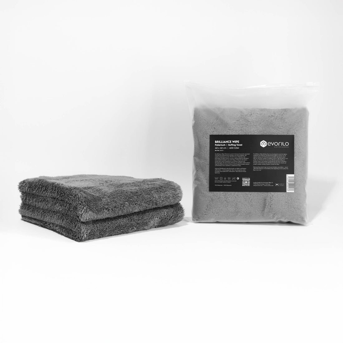 graues evorilo Brilliance Wipe Poliertuch 600 GSM in Verpackung und gefaltet auf weißem Hintergrund