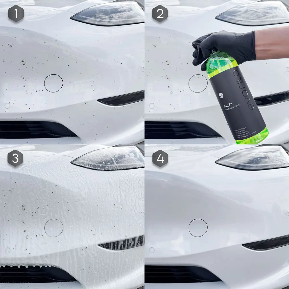 Auto mit Insektenresten, Anwendung von evorilo Bug Fix Insektenentferner in vier Schritten, für sauberen Lack geeignet.