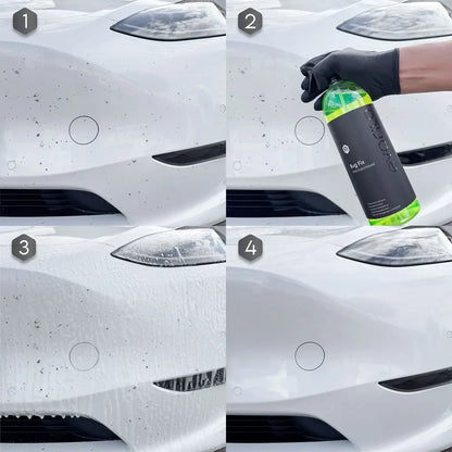 Auto mit Insektenresten, Anwendung von evorilo Bug Fix Insektenentferner in vier Schritten, für sauberen Lack geeignet.