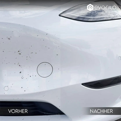 evorilo Bug Fix Insektenentferner auf einer Autostoßstange, vorher mit Insekten, nachher sauber, Frontansicht.