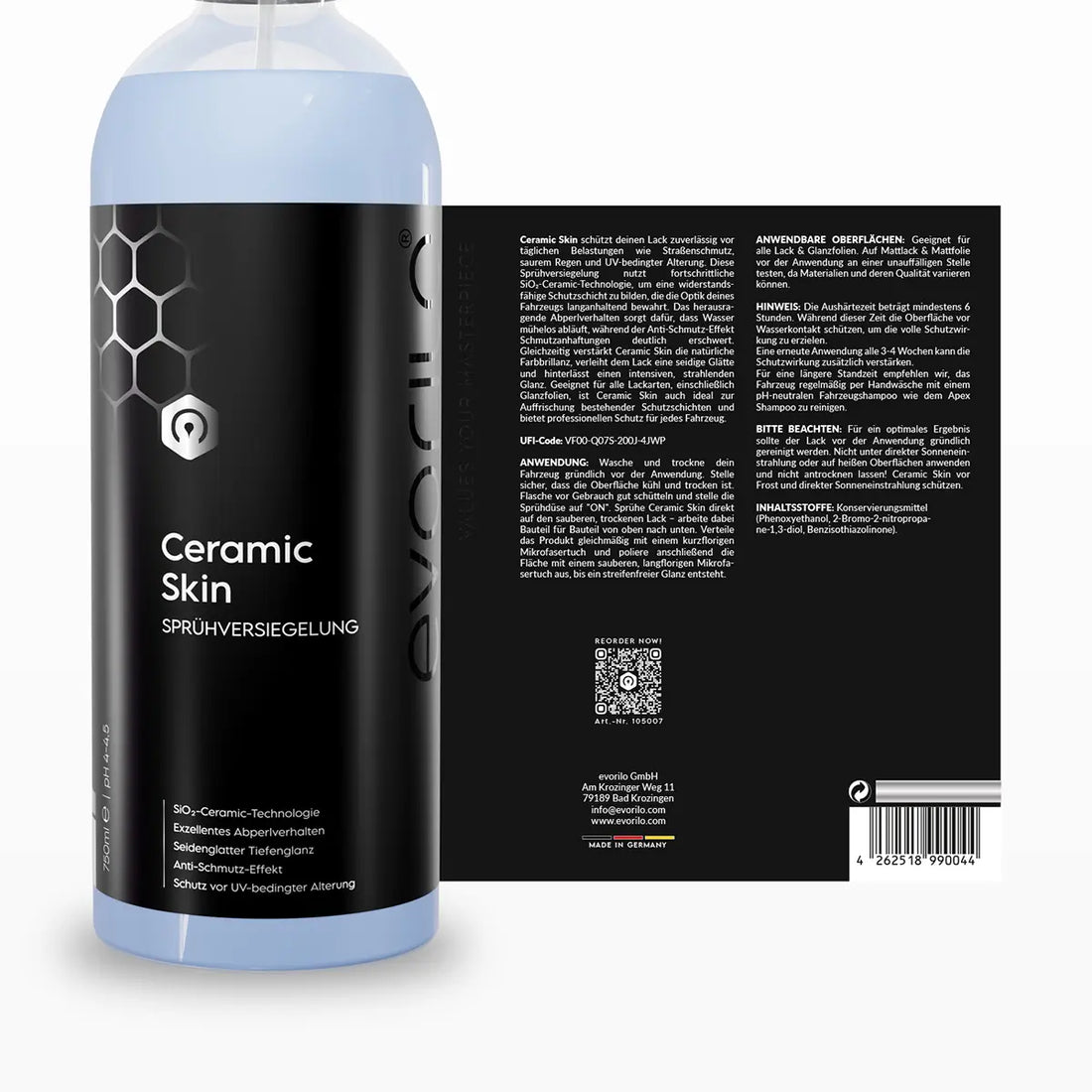 evorilo Ceramic Skin Sprühversiegelung Flasche mit Beschriftung vor schwarzem Hintergrund für Autolackschutz und Glanz.