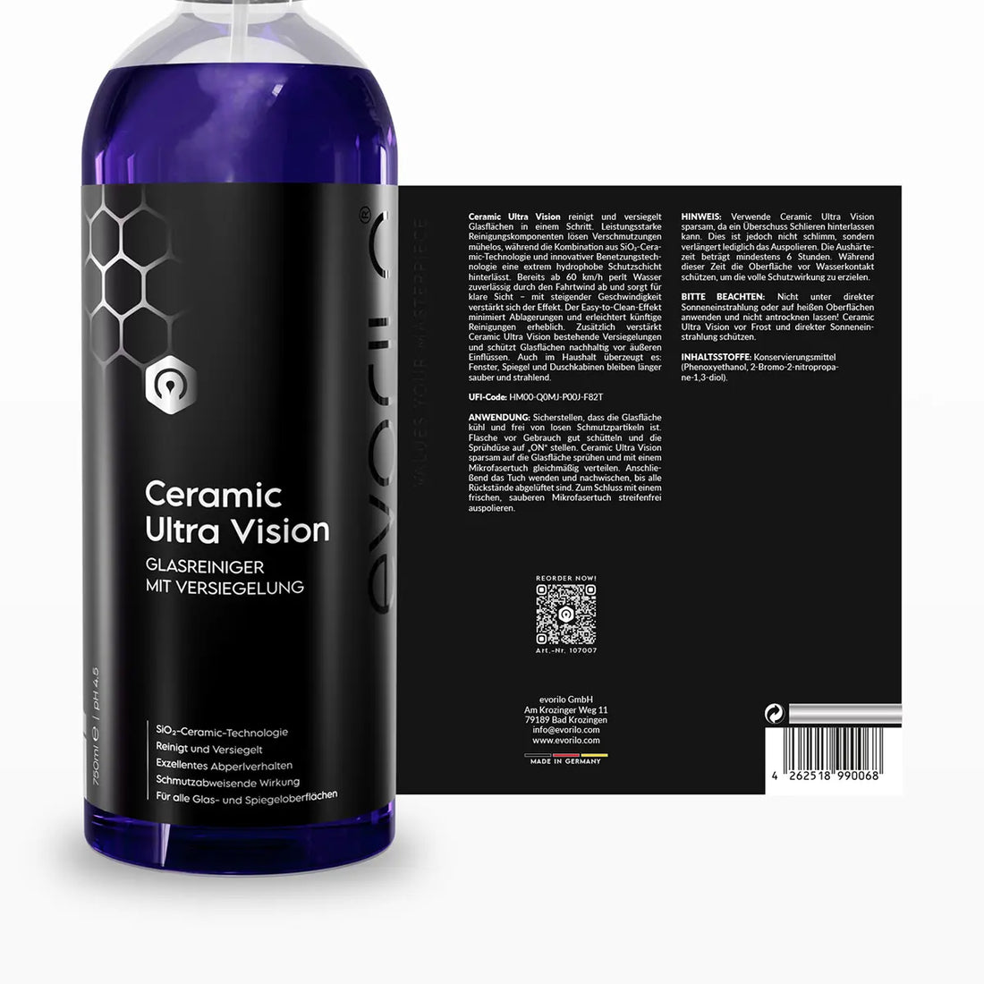 evorilo Ceramic Ultra Vision Glasreiniger Flasche mit Versiegelung lila Flüssigkeit ideal für Glas- und Spiegeloberflächen