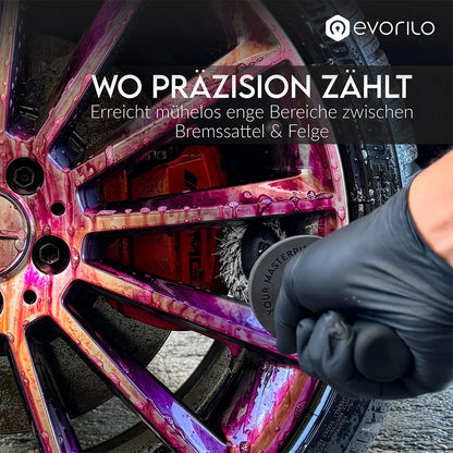 evorilo Deep Grip Felgenbürste reinigt mühelos bunte Felge und Bremssattel mit Präzision; ideal zur Autopflege.