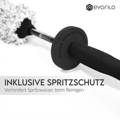 evorilo Deep Grip Felgenbürste mit Spritzschutz für effektive Reinigung von Autoreifenfelgen.