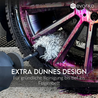 evorilo Deep Grip Cover Felgenbürstenbezug reinigt effektiv eine Autoreifenfelge in Nahaufnahme mit dünnem Design.