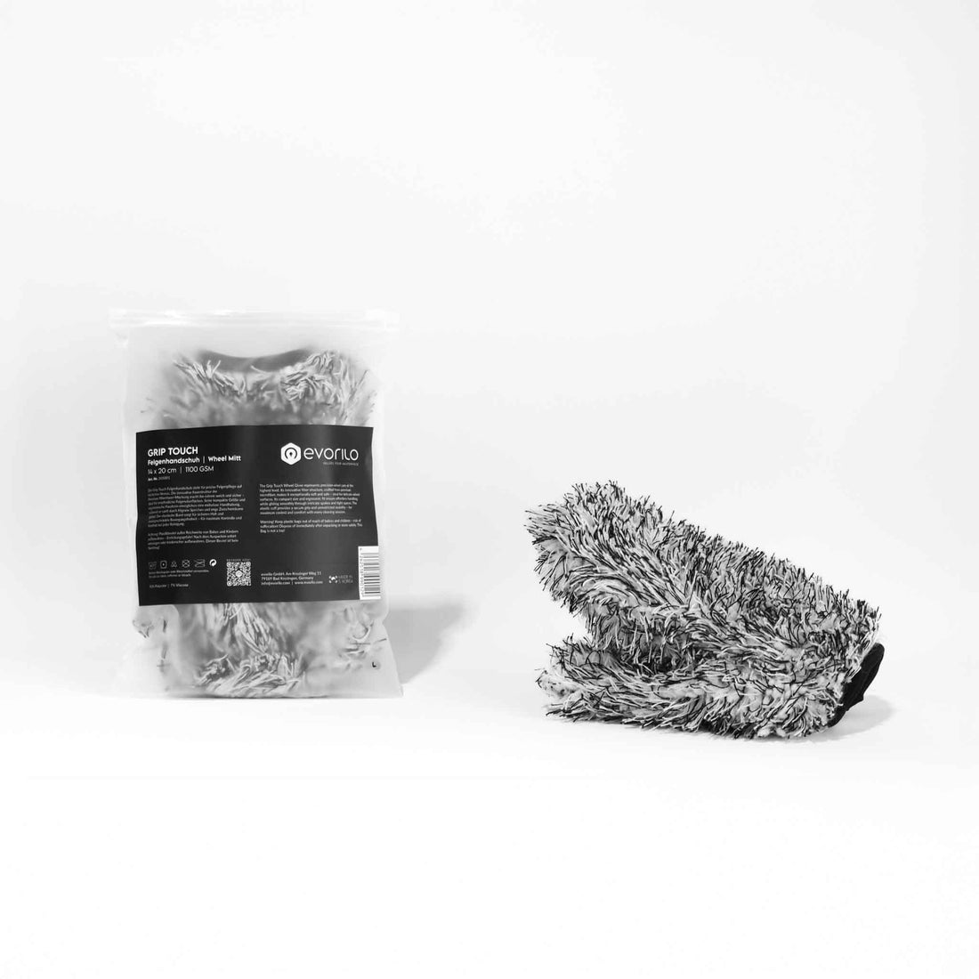 evorilo Grip Touch Felgenhandschuh 1100 GSM in Verpackung und separat, ideal zur Reinigung von Autoreifen und Felgen.