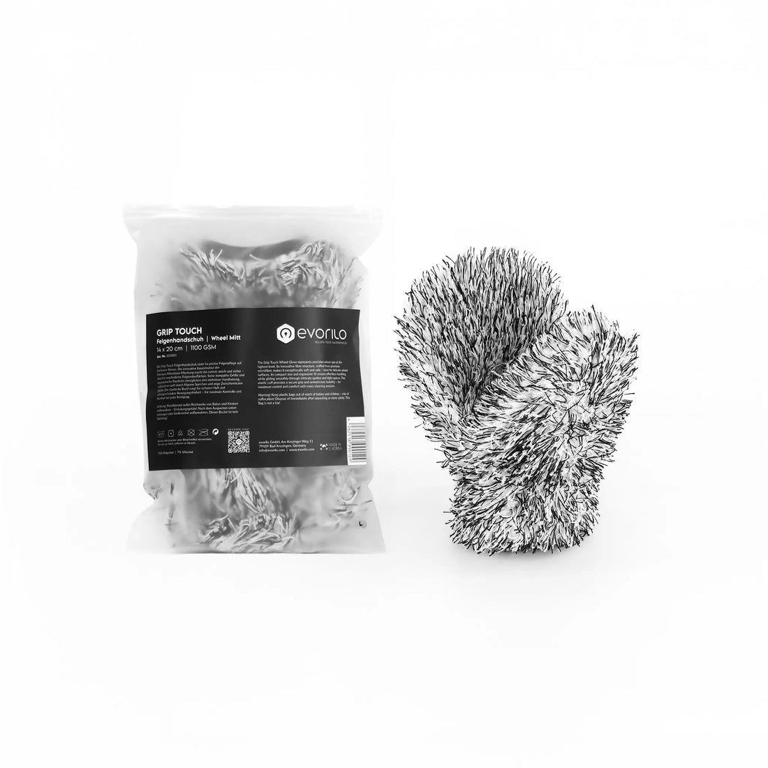evorilo Grip Touch Felgenhandschuh 1100 GSM zur Felgenreinigung neben Verpackung vor weißem Hintergrund