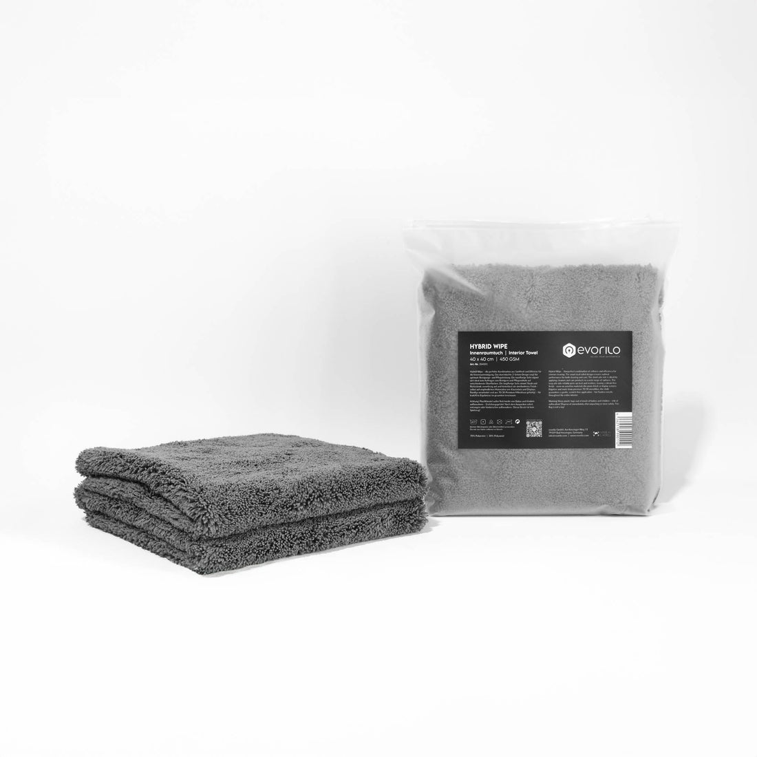 evorilo Hybrid Wipe Innenraumtuch 450 GSM in Grau, ideal zur Fahrzeugpflege, zwei gefaltete Tücher neben Verpackung.