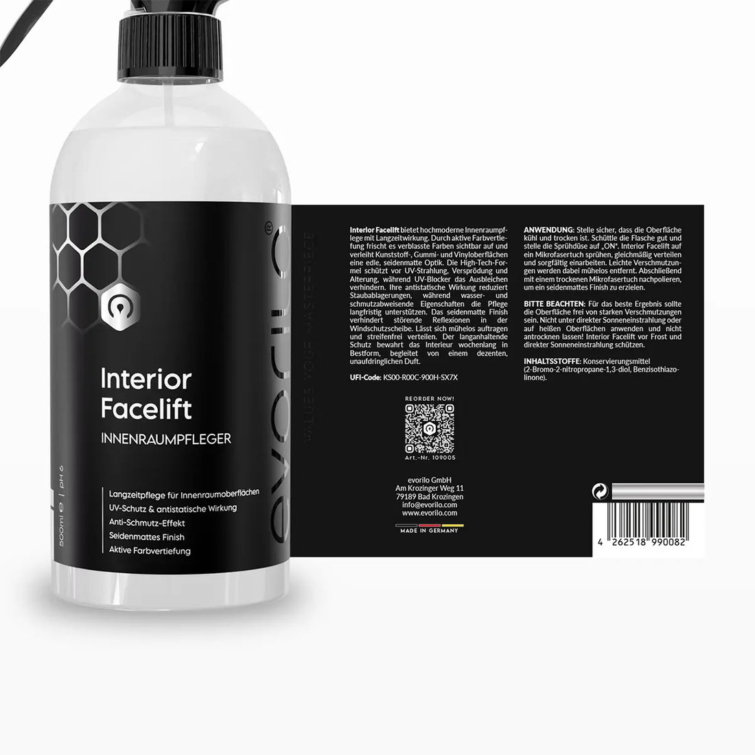 evorilo Interior Facelift Innenraumpfleger Flasche mit Sprühaufsatz ideal für Autoinnenräume bietet langanhaltenden Schutz und Pflege