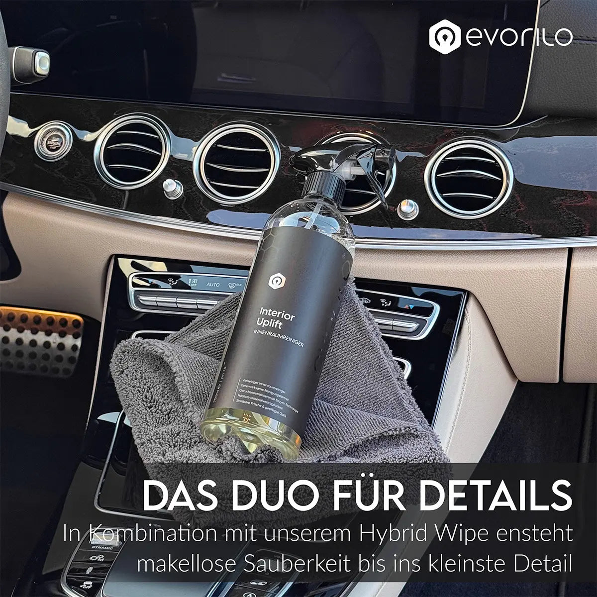 evorilo Interior Uplift Innenraumreiniger und Tuch auf Autokonsole für makellose Sauberkeit im Fahrzeuginterior.