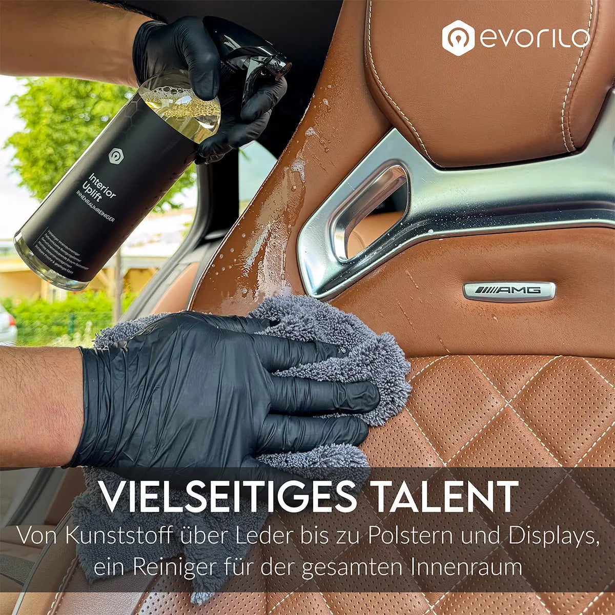 evorilo interior uplift Innenraumreiniger für Ledersitze Anwendung mit Tuch im Auto kunstoff lederpflege