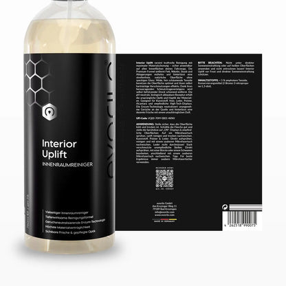 evorilo Interior Uplift Innenraumreiniger schwarze Flasche mit Etikett und Details zur Innenreinigung und Materialschutz