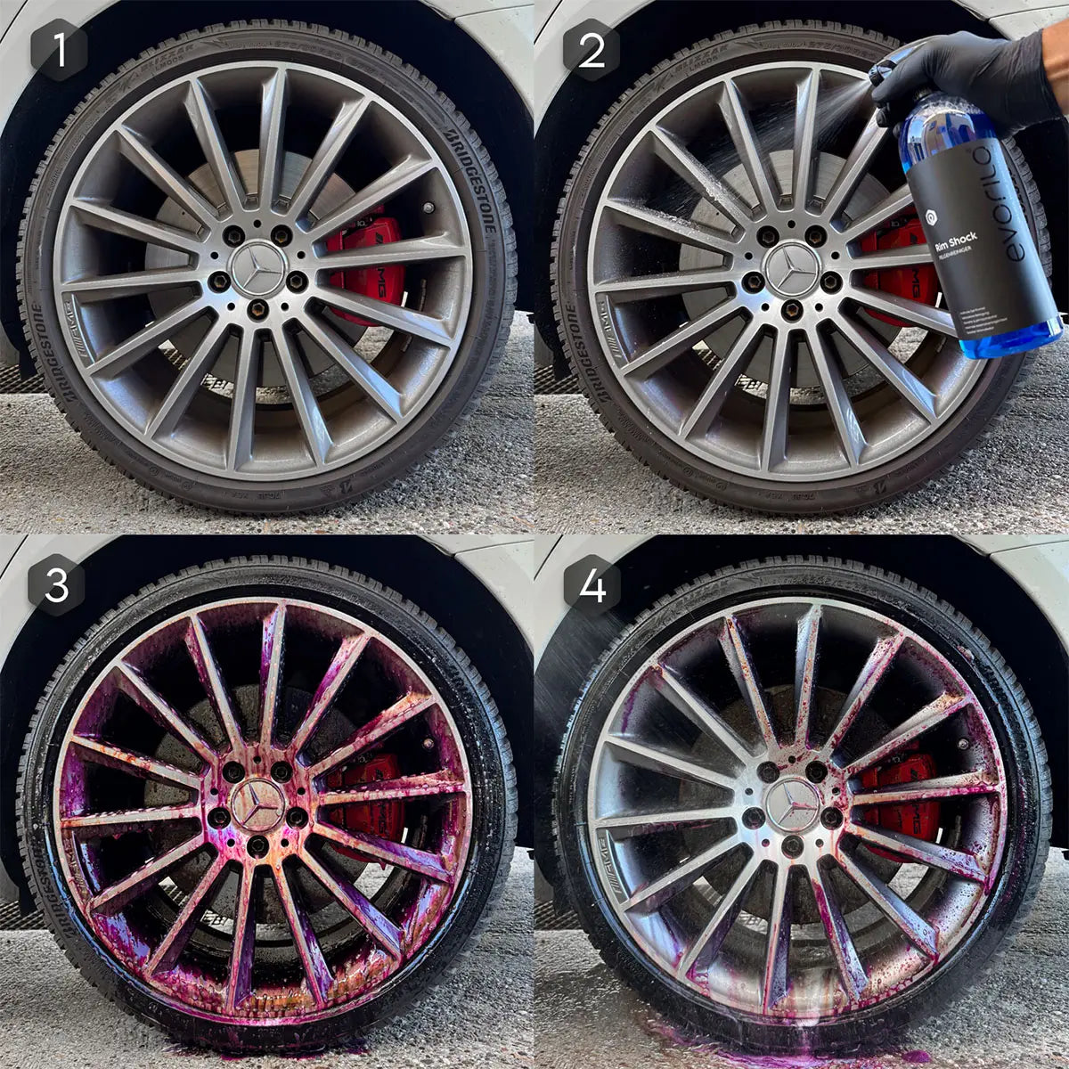 Auto-Alufelge vor und nach Anwendung des evorilo rim shock Felgenreinigers in vier Schritten zur effektiven Säuberung.
